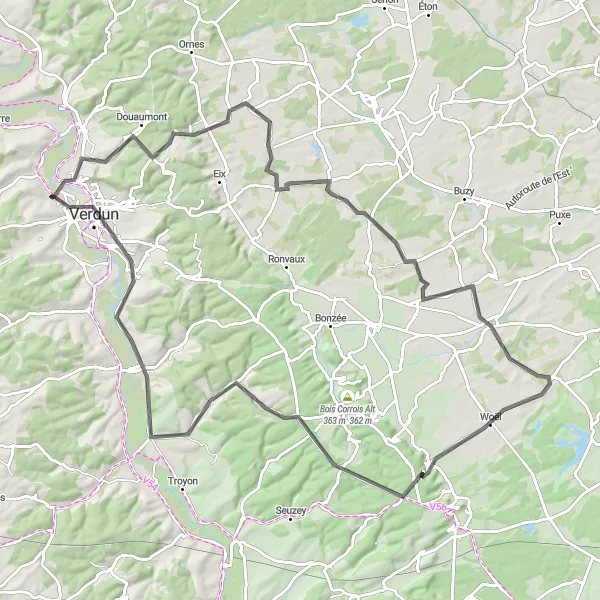 Miniature de la carte de l'inspiration cycliste "Parcours à vélo sur route de Thierville-sur-Meuse à Verdun" dans la Lorraine, France. Générée par le planificateur d'itinéraire cycliste Tarmacs.app