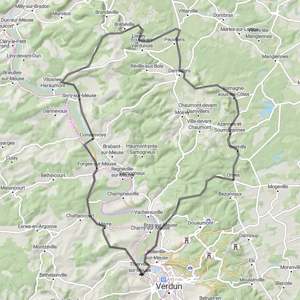 Miniature de la carte de l'inspiration cycliste "Le Circuit des Meusiens" dans la Lorraine, France. Générée par le planificateur d'itinéraire cycliste Tarmacs.app