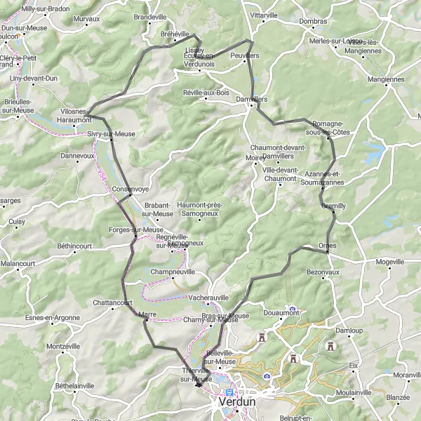 Map miniature of "Meuse River and Countryside Road Loop" cycling inspiration in Lorraine, France. Generated by Tarmacs.app cycling route planner