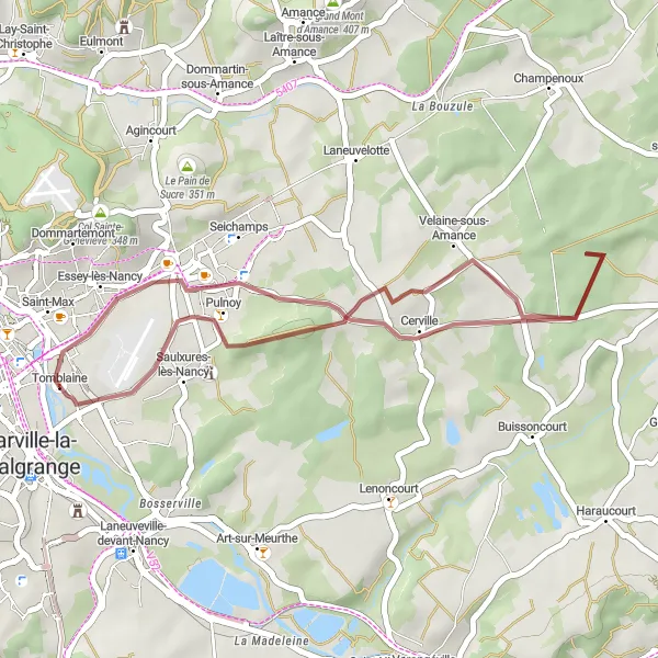 Map miniature of "Tomblaine Gravel Adventure" cycling inspiration in Lorraine, France. Generated by Tarmacs.app cycling route planner