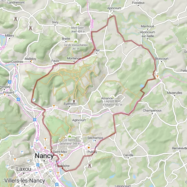 Map miniature of "The Bouxières Circuit" cycling inspiration in Lorraine, France. Generated by Tarmacs.app cycling route planner