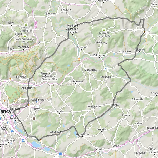 Map miniature of "The Nancy Challenge" cycling inspiration in Lorraine, France. Generated by Tarmacs.app cycling route planner