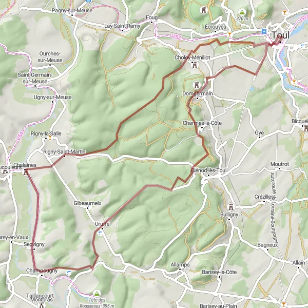 Map miniature of "Breathtaking Scenery of Blénod-lès-Toul" cycling inspiration in Lorraine, France. Generated by Tarmacs.app cycling route planner