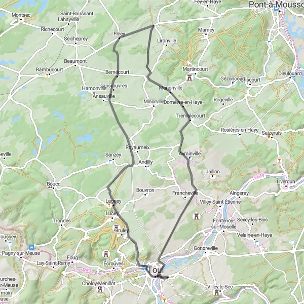 Miniature de la carte de l'inspiration cycliste "Boucle bucolique entre Lagney et Toul" dans la Lorraine, France. Générée par le planificateur d'itinéraire cycliste Tarmacs.app