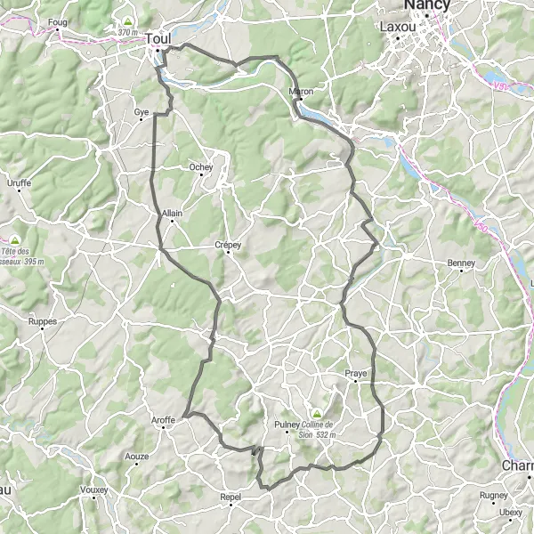 Map miniature of "Charming Villages and Countryside" cycling inspiration in Lorraine, France. Generated by Tarmacs.app cycling route planner