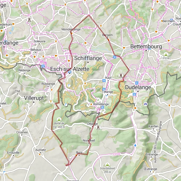 Map miniature of "Esch-sur-Alzette Adventure" cycling inspiration in Lorraine, France. Generated by Tarmacs.app cycling route planner