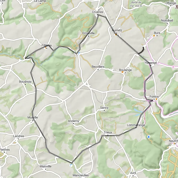 Map miniature of "Fontoy and Tucquegnieux Loop" cycling inspiration in Lorraine, France. Generated by Tarmacs.app cycling route planner