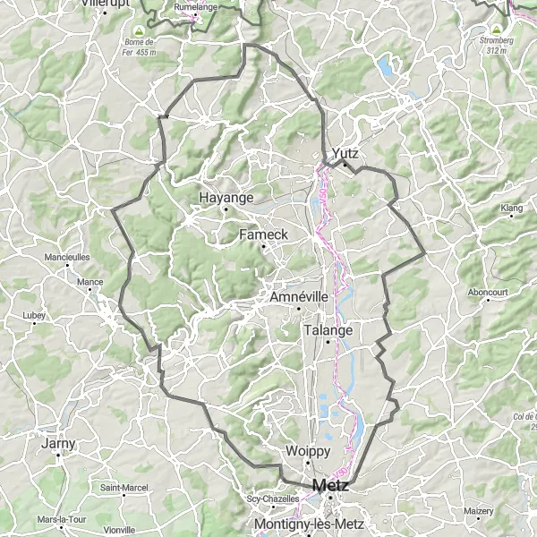 Map miniature of "Hutberg and Mont Saint-Quentin Road Adventure" cycling inspiration in Lorraine, France. Generated by Tarmacs.app cycling route planner