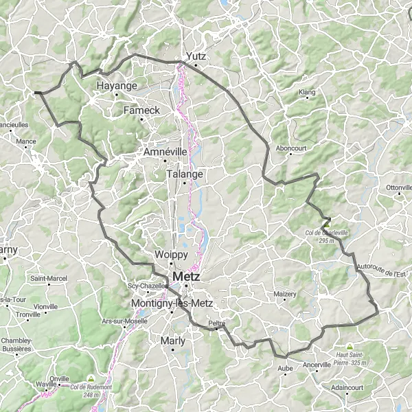 Miniature de la carte de l'inspiration cycliste "Circuit autour de Trieux avec ascension du Col de Charleville" dans la Lorraine, France. Générée par le planificateur d'itinéraire cycliste Tarmacs.app