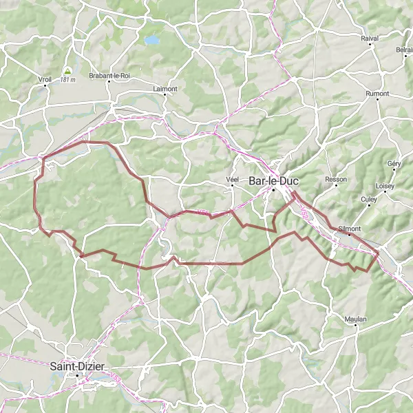 Map miniature of "Gravel Adventure: Tronville-en-Barrois to Tronville-en-Barrois via Belvédère de Tannois" cycling inspiration in Lorraine, France. Generated by Tarmacs.app cycling route planner