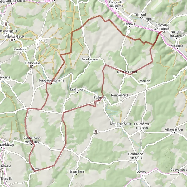 Miniature de la carte de l'inspiration cycliste "Parcours de 61 km à travers les chemins de gravier de l'Argonne" dans la Lorraine, France. Générée par le planificateur d'itinéraire cycliste Tarmacs.app