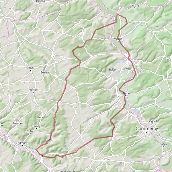 Miniature de la carte de l'inspiration cycliste "Vallées et villages en gravier" dans la Lorraine, France. Générée par le planificateur d'itinéraire cycliste Tarmacs.app