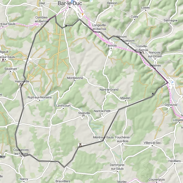 Map miniature of "Countryside Charm: Tronville-en-Barrois to Tronville-en-Barrois via Nançois-sur-Ornain" cycling inspiration in Lorraine, France. Generated by Tarmacs.app cycling route planner