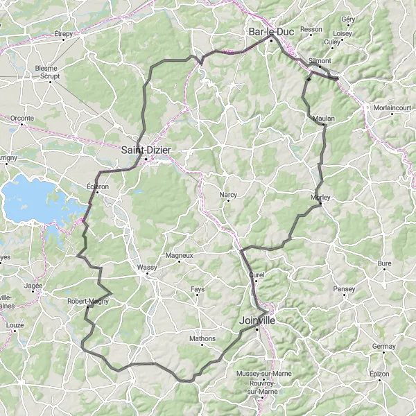 Miniature de la carte de l'inspiration cycliste "Tour de 157 km à travers les villages pittoresques de la Meuse" dans la Lorraine, France. Générée par le planificateur d'itinéraire cycliste Tarmacs.app