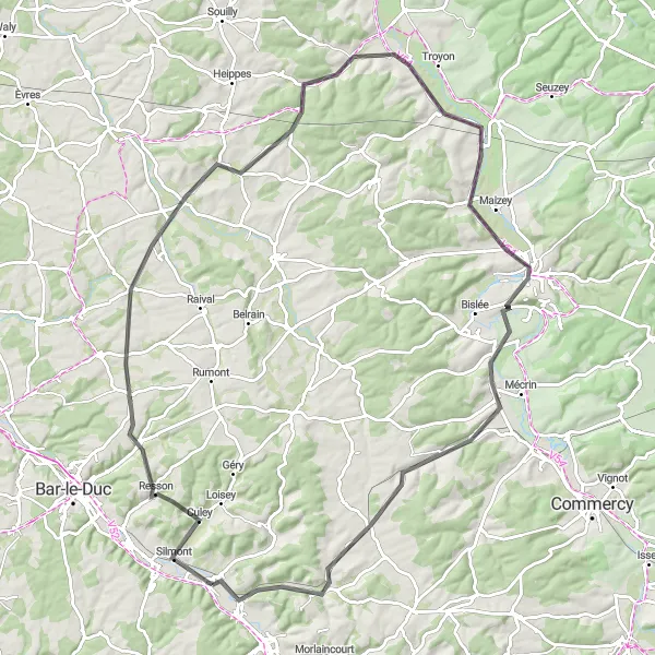 Miniature de la carte de l'inspiration cycliste "Boucle de 100 km autour de Tronville-en-Barrois" dans la Lorraine, France. Générée par le planificateur d'itinéraire cycliste Tarmacs.app