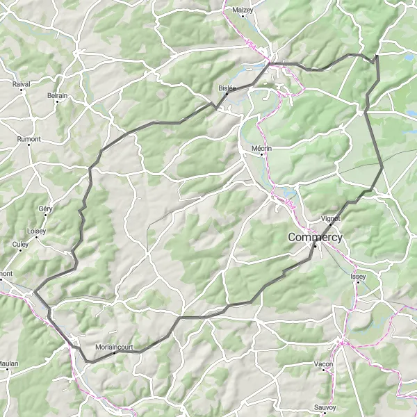 Map miniature of "The Scenic Road to Commercy" cycling inspiration in Lorraine, France. Generated by Tarmacs.app cycling route planner