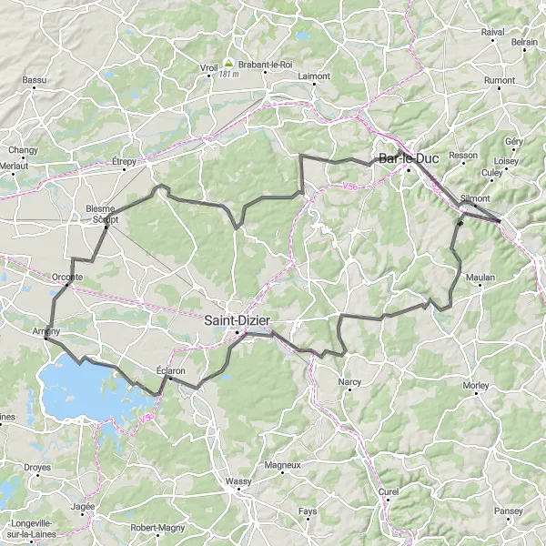 Map miniature of "The Grand Tour of Barrois" cycling inspiration in Lorraine, France. Generated by Tarmacs.app cycling route planner