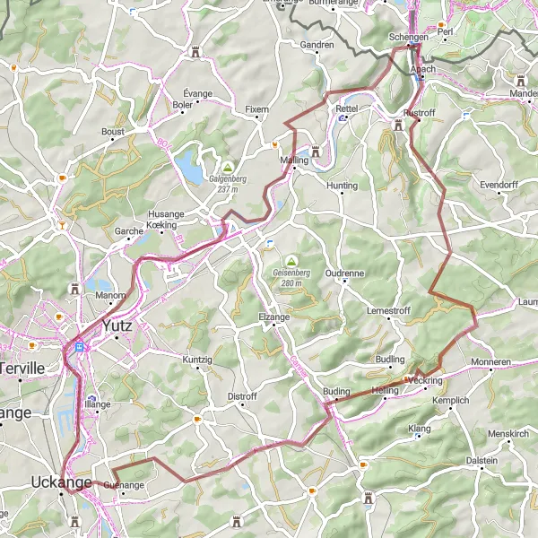 Miniature de la carte de l'inspiration cycliste "Parcours de VTT gravel à Uckange" dans la Lorraine, France. Générée par le planificateur d'itinéraire cycliste Tarmacs.app