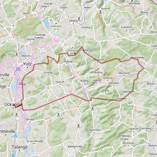 Map miniature of "Gravel Adventure in Illange and Kédange-sur-Canner" cycling inspiration in Lorraine, France. Generated by Tarmacs.app cycling route planner