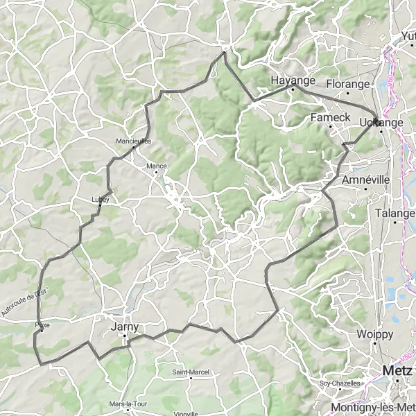 Miniature de la carte de l'inspiration cycliste "Boucle cycliste sur route à Clouange" dans la Lorraine, France. Générée par le planificateur d'itinéraire cycliste Tarmacs.app
