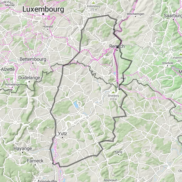 Miniature de la carte de l'inspiration cycliste "Parcours cycliste panoramique à Hettange-Grande" dans la Lorraine, France. Générée par le planificateur d'itinéraire cycliste Tarmacs.app