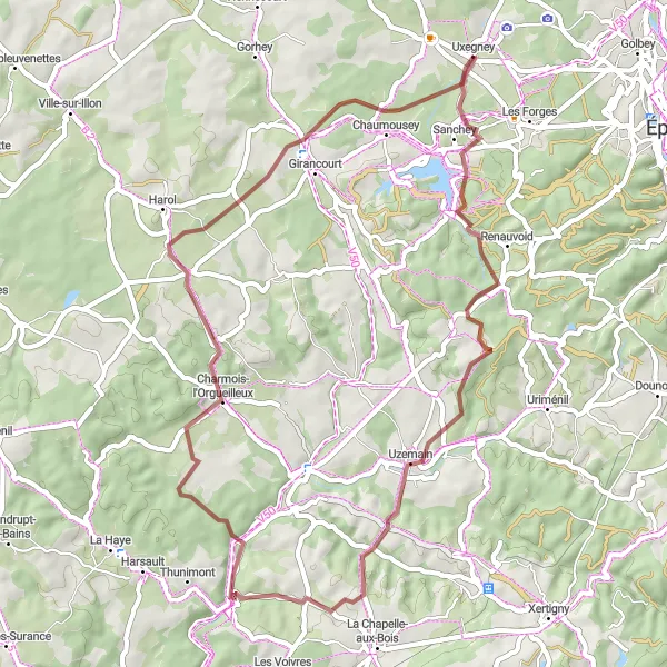 Map miniature of "Gravel Adventure to Sanchey" cycling inspiration in Lorraine, France. Generated by Tarmacs.app cycling route planner