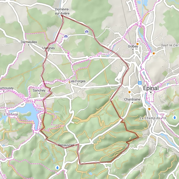 Miniature de la carte de l'inspiration cycliste "Aventure dans les bois et les forts" dans la Lorraine, France. Générée par le planificateur d'itinéraire cycliste Tarmacs.app