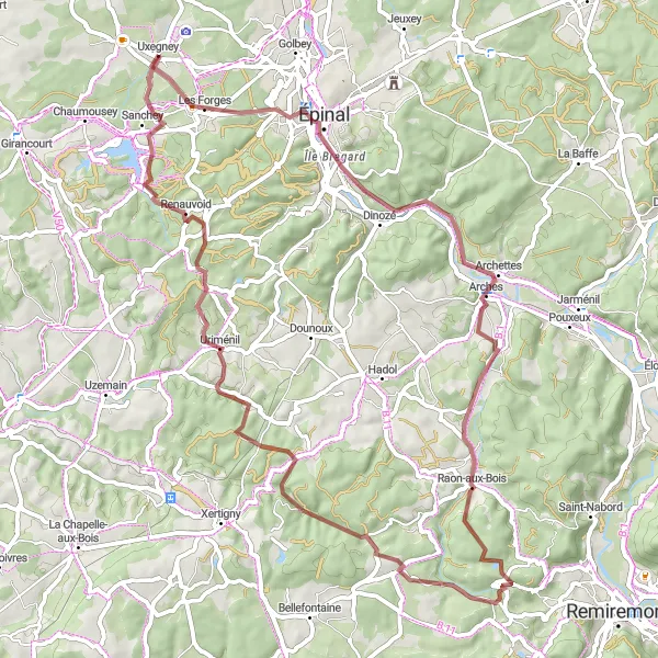 Miniature de la carte de l'inspiration cycliste "Parcours épique à travers les Vosges" dans la Lorraine, France. Générée par le planificateur d'itinéraire cycliste Tarmacs.app