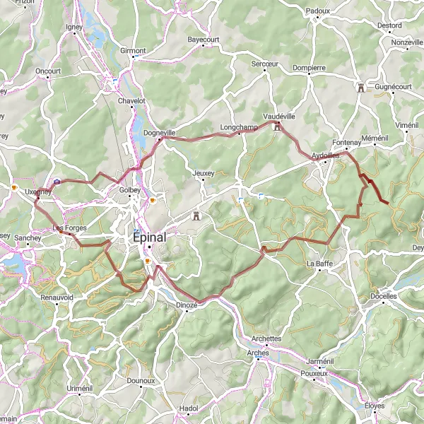 Map miniature of "The Gravel Tour: Longchamp to Les Forges" cycling inspiration in Lorraine, France. Generated by Tarmacs.app cycling route planner