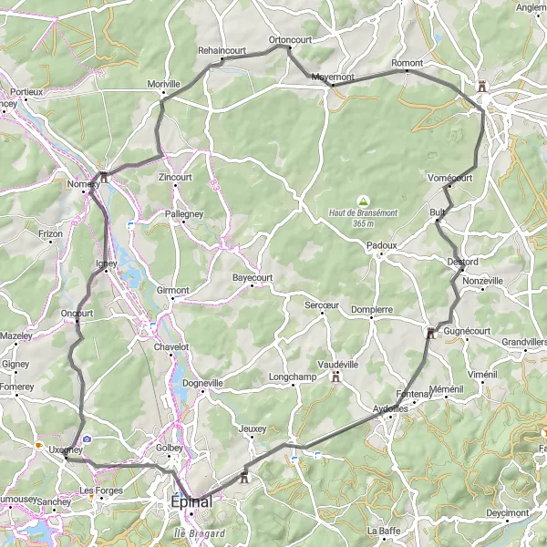Miniature de la carte de l'inspiration cycliste "Parcours pittoresque de Châtel-sur-Moselle" dans la Lorraine, France. Générée par le planificateur d'itinéraire cycliste Tarmacs.app