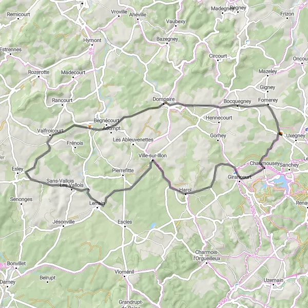 Miniature de la carte de l'inspiration cycliste "Parcours sur les routes de campagne" dans la Lorraine, France. Générée par le planificateur d'itinéraire cycliste Tarmacs.app