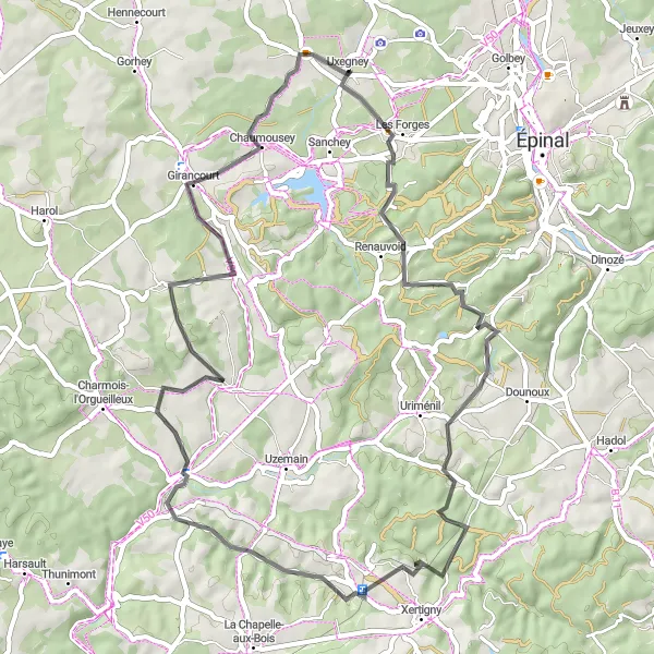 Miniature de la carte de l'inspiration cycliste "Exploration de la campagne de Girancourt" dans la Lorraine, France. Générée par le planificateur d'itinéraire cycliste Tarmacs.app