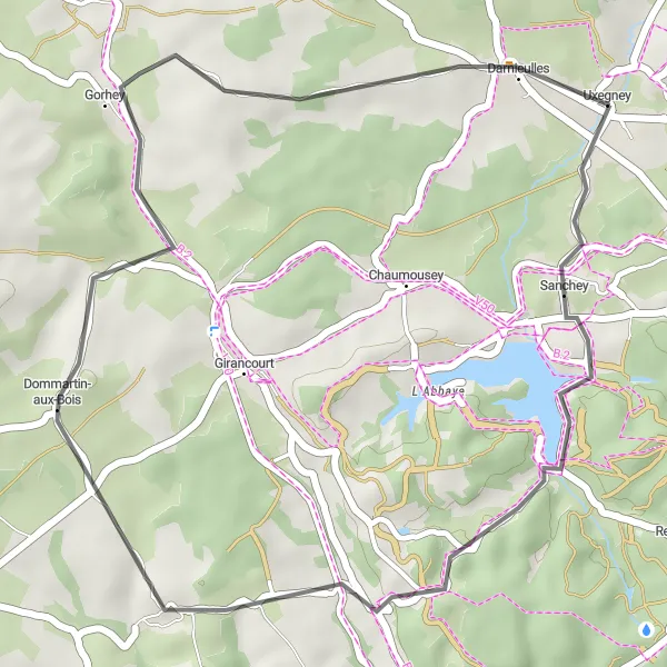 Miniature de la carte de l'inspiration cycliste "Escapade bucolique en Lorraine" dans la Lorraine, France. Générée par le planificateur d'itinéraire cycliste Tarmacs.app