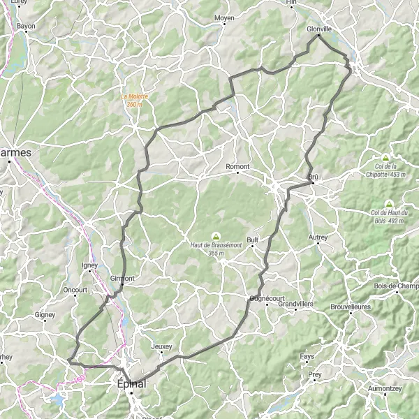 Miniature de la carte de l'inspiration cycliste "Tour des Châteaux de la Vôge" dans la Lorraine, France. Générée par le planificateur d'itinéraire cycliste Tarmacs.app