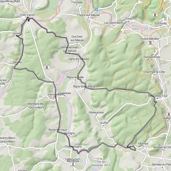 Map miniature of "Countryside Charm and Historic Encounters" cycling inspiration in Lorraine, France. Generated by Tarmacs.app cycling route planner