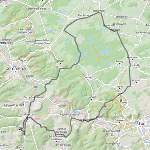 Map miniature of "The Vacon Adventure" cycling inspiration in Lorraine, France. Generated by Tarmacs.app cycling route planner