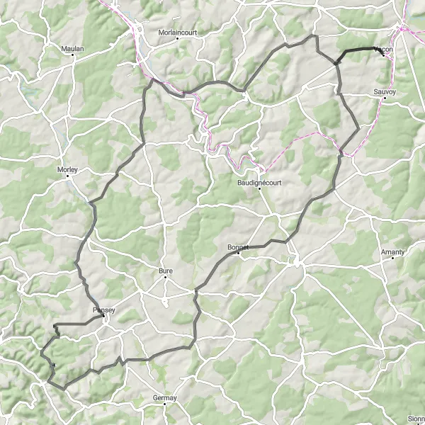 Miniature de la carte de l'inspiration cycliste "Aventure Cycliste à Travers la Campagne Lorraine" dans la Lorraine, France. Générée par le planificateur d'itinéraire cycliste Tarmacs.app