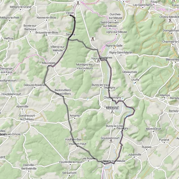 Miniature de la carte de l'inspiration cycliste "Balade à Vélo sur les Routes de Lorraine" dans la Lorraine, France. Générée par le planificateur d'itinéraire cycliste Tarmacs.app