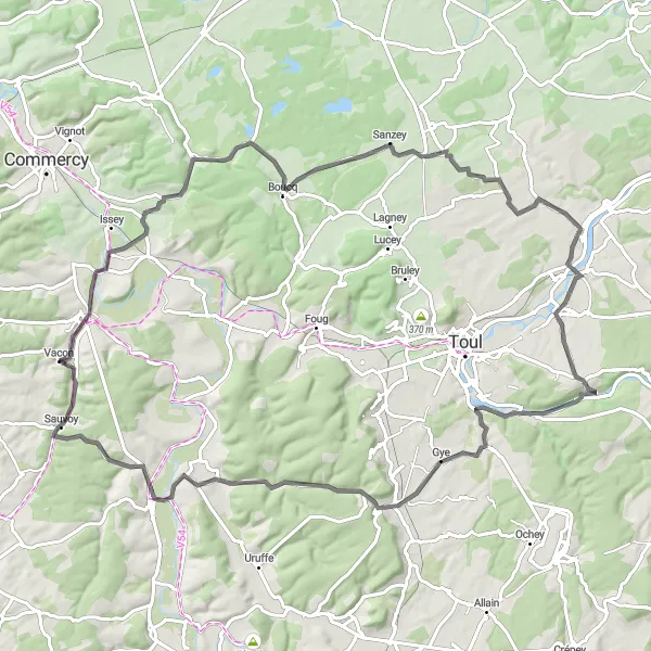 Map miniature of "Road to Vacon" cycling inspiration in Lorraine, France. Generated by Tarmacs.app cycling route planner