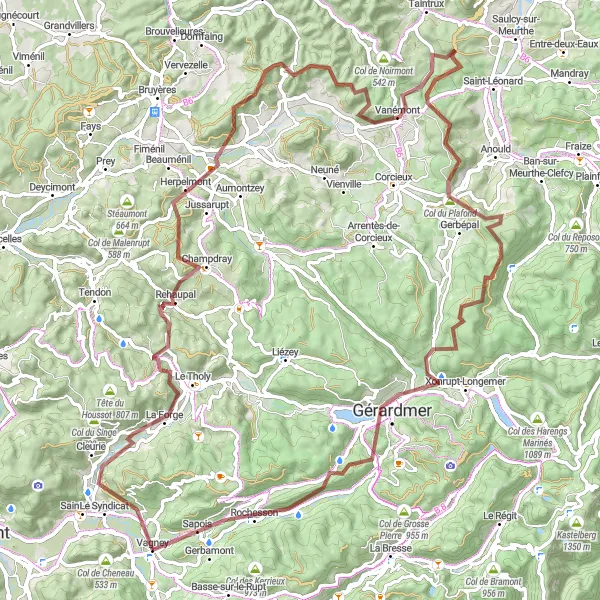 Map miniature of "Gravel Tour through Lorraine's Remarkable Landscapes" cycling inspiration in Lorraine, France. Generated by Tarmacs.app cycling route planner