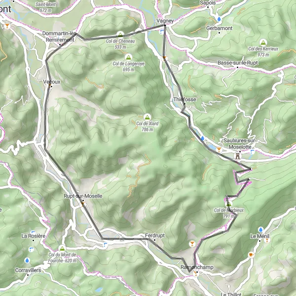 Map miniature of "Mountain Challenge" cycling inspiration in Lorraine, France. Generated by Tarmacs.app cycling route planner