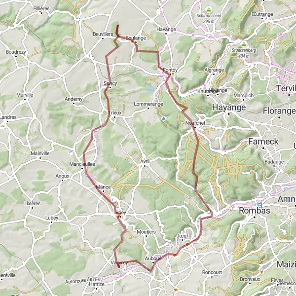 Miniature de la carte de l'inspiration cycliste "Boucle à vélo de Valleroy à Bettainvillers" dans la Lorraine, France. Générée par le planificateur d'itinéraire cycliste Tarmacs.app