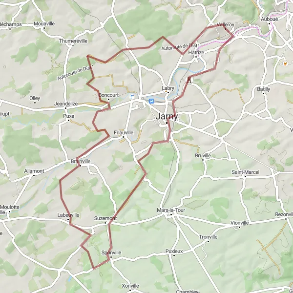 Miniature de la carte de l'inspiration cycliste "Circuit des villages de la Meuse" dans la Lorraine, France. Générée par le planificateur d'itinéraire cycliste Tarmacs.app