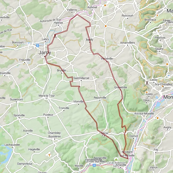 Miniature de la carte de l'inspiration cycliste "Parcours des coteaux de la Moselle" dans la Lorraine, France. Générée par le planificateur d'itinéraire cycliste Tarmacs.app