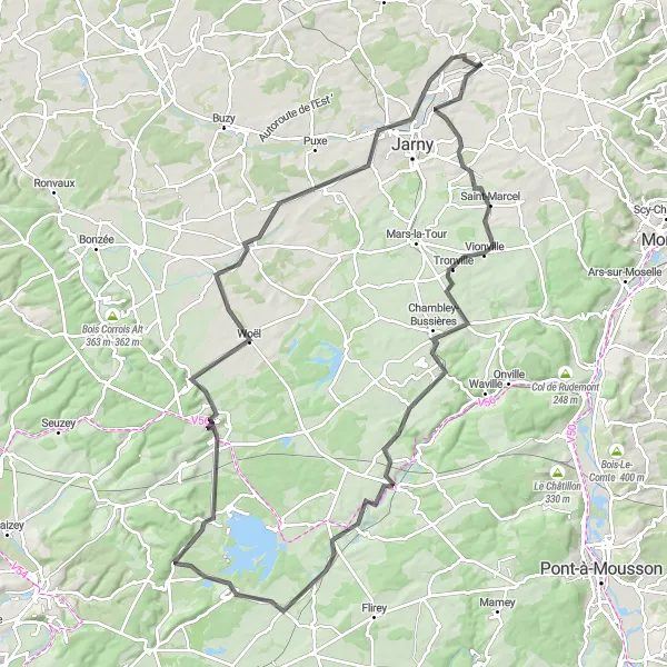 Miniature de la carte de l'inspiration cycliste "Boucle des côtes de Meuse" dans la Lorraine, France. Générée par le planificateur d'itinéraire cycliste Tarmacs.app