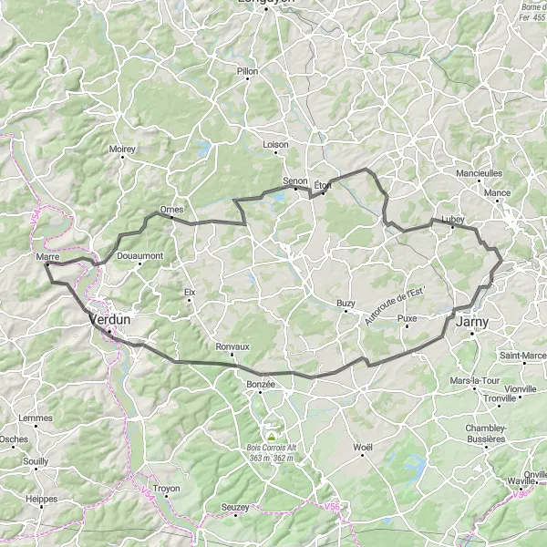 Miniature de la carte de l'inspiration cycliste "Escapade cycliste de Conflans-en-Jarnisy à Les Baroches" dans la Lorraine, France. Générée par le planificateur d'itinéraire cycliste Tarmacs.app