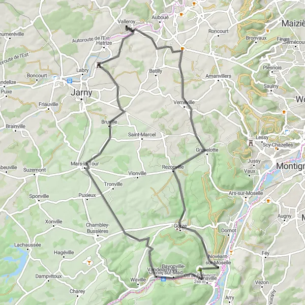 Miniature de la carte de l'inspiration cycliste "Parcours routier pittoresque de Sainte-Marie-aux-Chênes à Valleroy" dans la Lorraine, France. Générée par le planificateur d'itinéraire cycliste Tarmacs.app