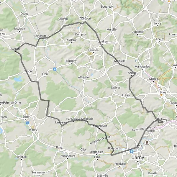 Miniature de la carte de l'inspiration cycliste "Tour de Valleroy à Valleroy en passant par Mouaville" dans la Lorraine, France. Générée par le planificateur d'itinéraire cycliste Tarmacs.app