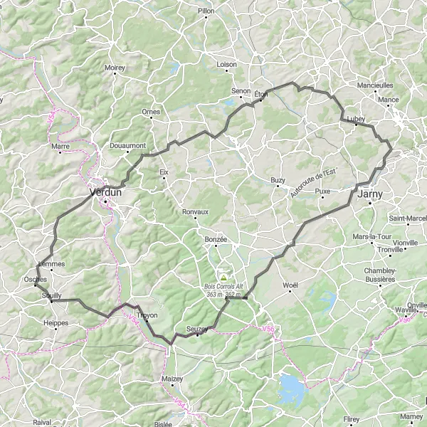 Miniature de la carte de l'inspiration cycliste "Randonnée de Allamont à Les Baroches en passant par Verdun" dans la Lorraine, France. Générée par le planificateur d'itinéraire cycliste Tarmacs.app