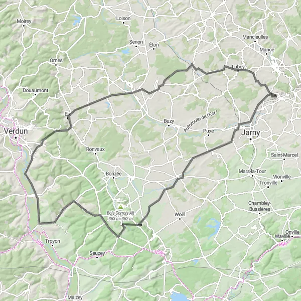Miniature de la carte de l'inspiration cycliste "Grande boucle de la Meuse" dans la Lorraine, France. Générée par le planificateur d'itinéraire cycliste Tarmacs.app
